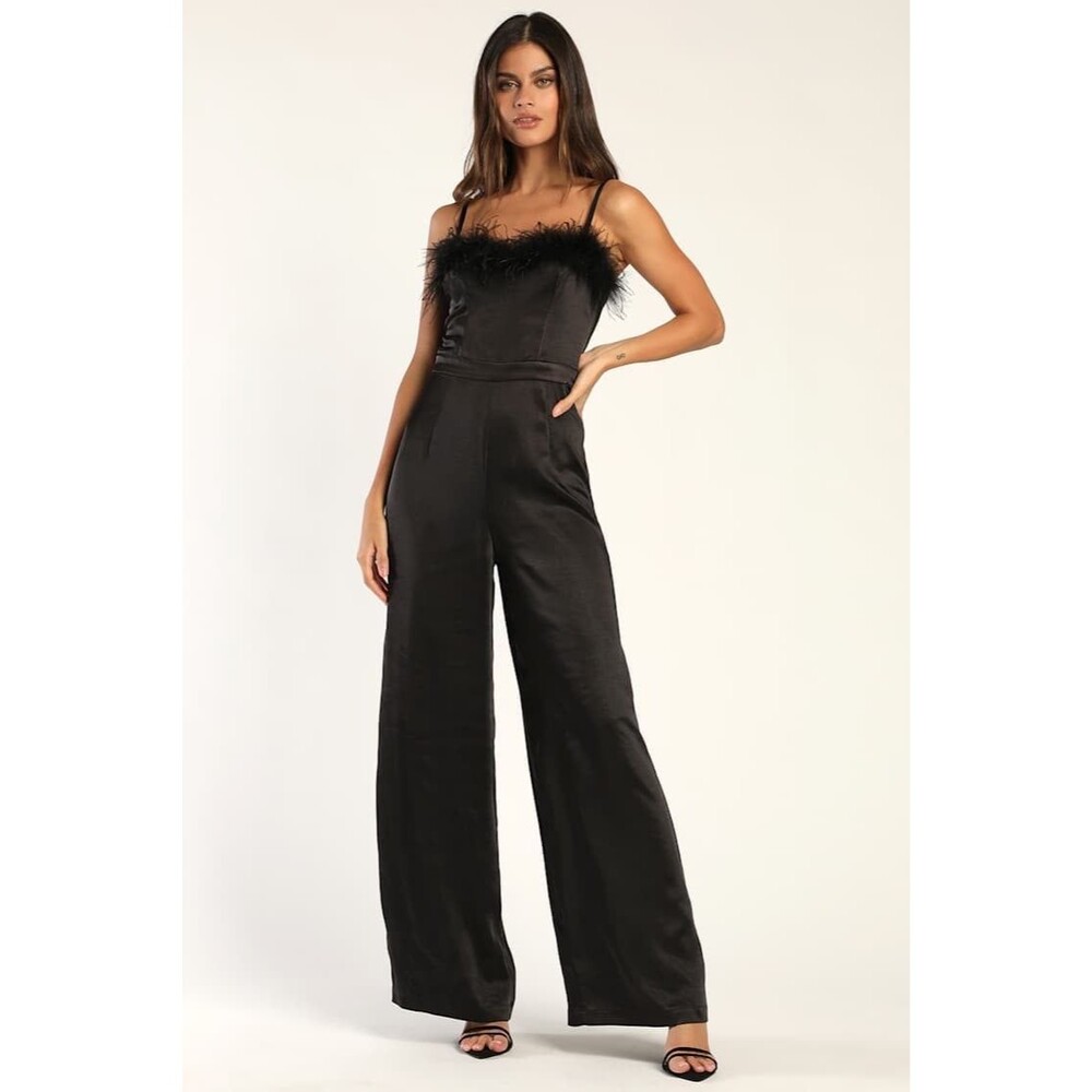 Lulus Feather Together Black Satin Feather Wide-Leg Jumpsuit Sz Small